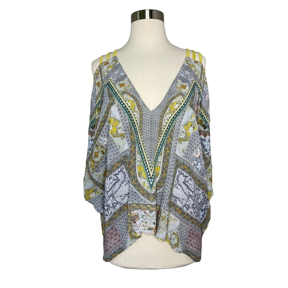 Anthropologie Blank London Blouse One Size Cutout Cold Shoulder Floral Yellow